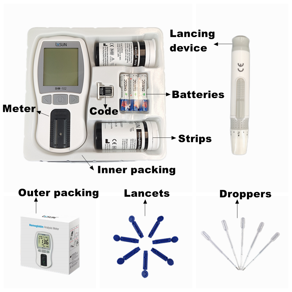 Lysun Hemoglobin Analyzer Optical Method High Accuracy Medical Tester Household with Strips Lancets