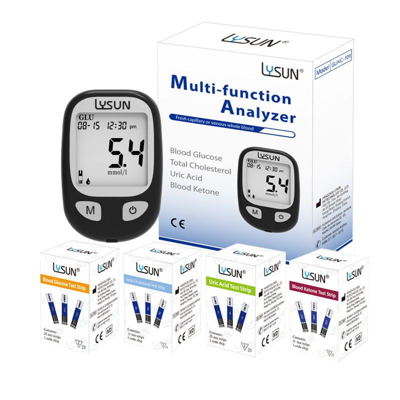 LYSUN Multifunction Blood Glucose Uric Acid Blood Ketone Cholesterol Meter BG TC UA KT Test Strip Diabetes Test Kit With Lancets