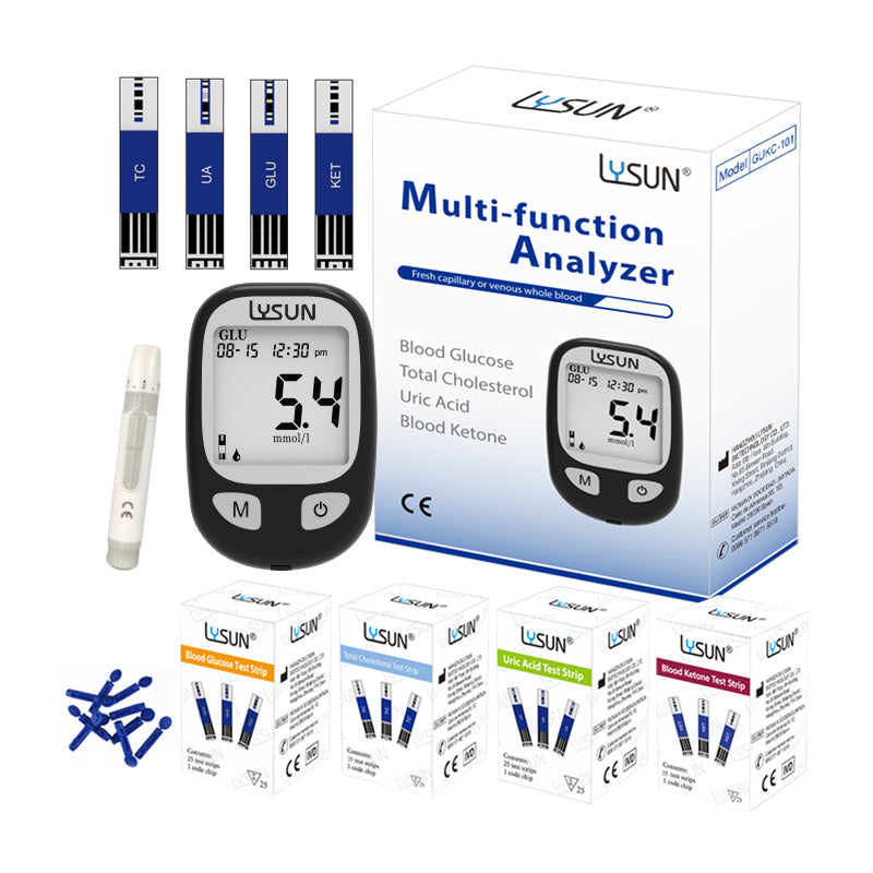 LYSUN Multifunction Blood Glucose Uric Acid Blood Ketone Cholesterol Meter BG TC UA KT Test Strip Diabetes Test Kit With Lancets