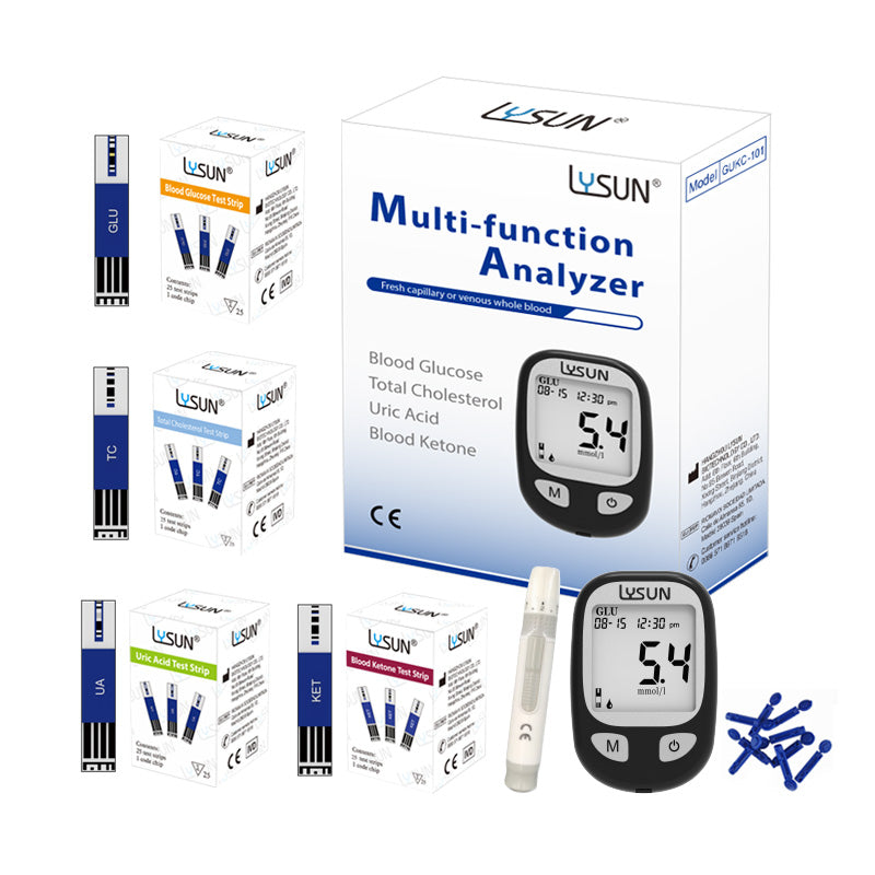 LYSUN Multifunction Blood Glucose Uric Acid Blood Ketone Cholesterol Meter BG TC UA KT Test Strip Diabetes Test Kit With Lancets