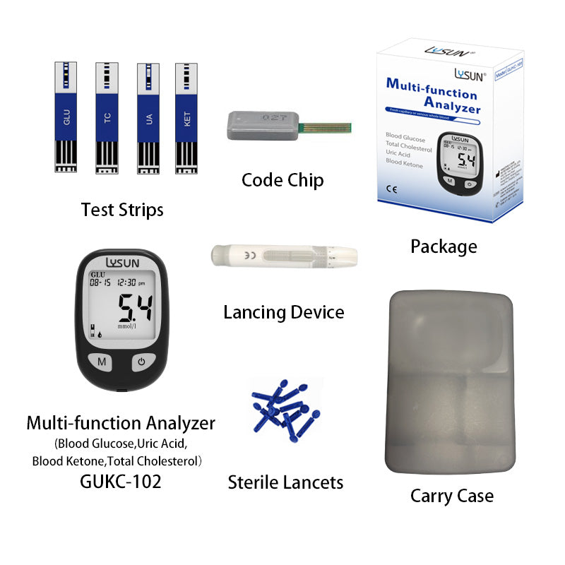 LYSUN Multifunction Blood Glucose Uric Acid Blood Ketone Cholesterol Meter BG TC UA KT Test Strip Diabetes Test Kit With Lancets