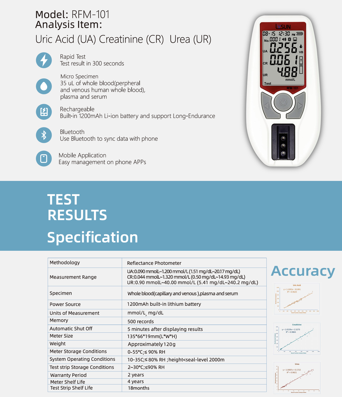 3 in 1 Handheld Renal Function Analyais Meter Renal Function Analyzer Urea (UR), Creatinine (CR), Uric Acid (UA) with Free Lancets