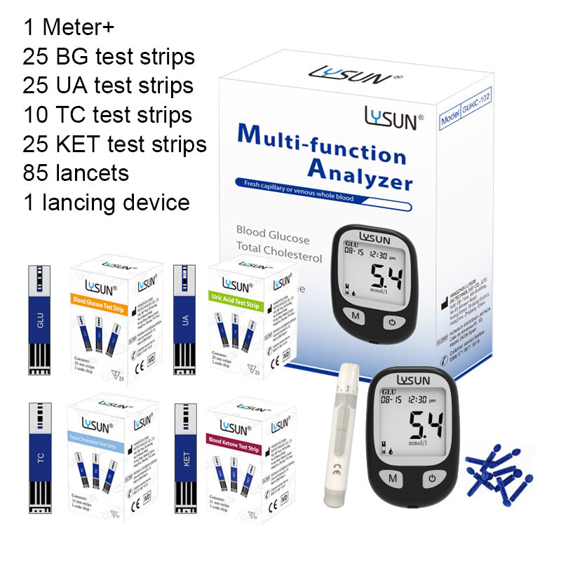 LYSUN Multifunction Blood Glucose Uric Acid Blood Ketone Cholesterol Meter BG TC UA KT Test Strip Diabetes Test Kit With Lancets