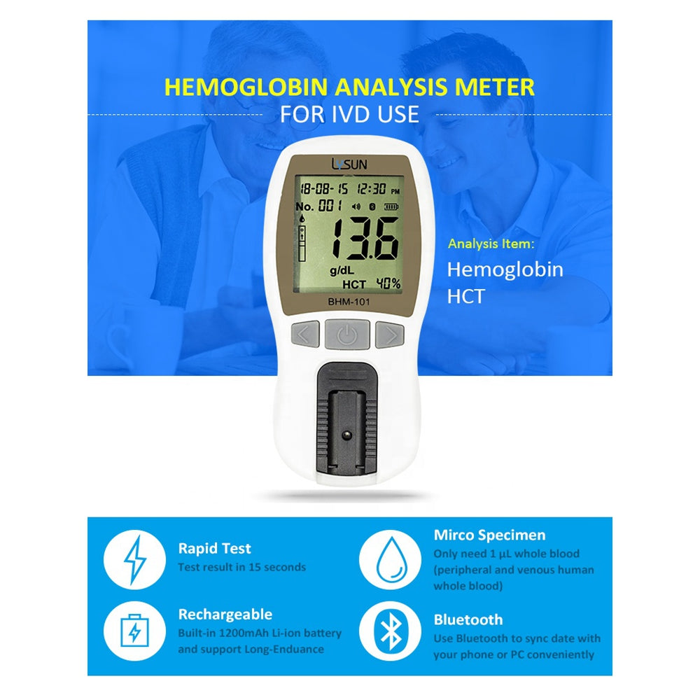 Lysun Hemoglobin Meter Optical Method High Accuracy Professional Analyzer with Test Strips Free Lancets