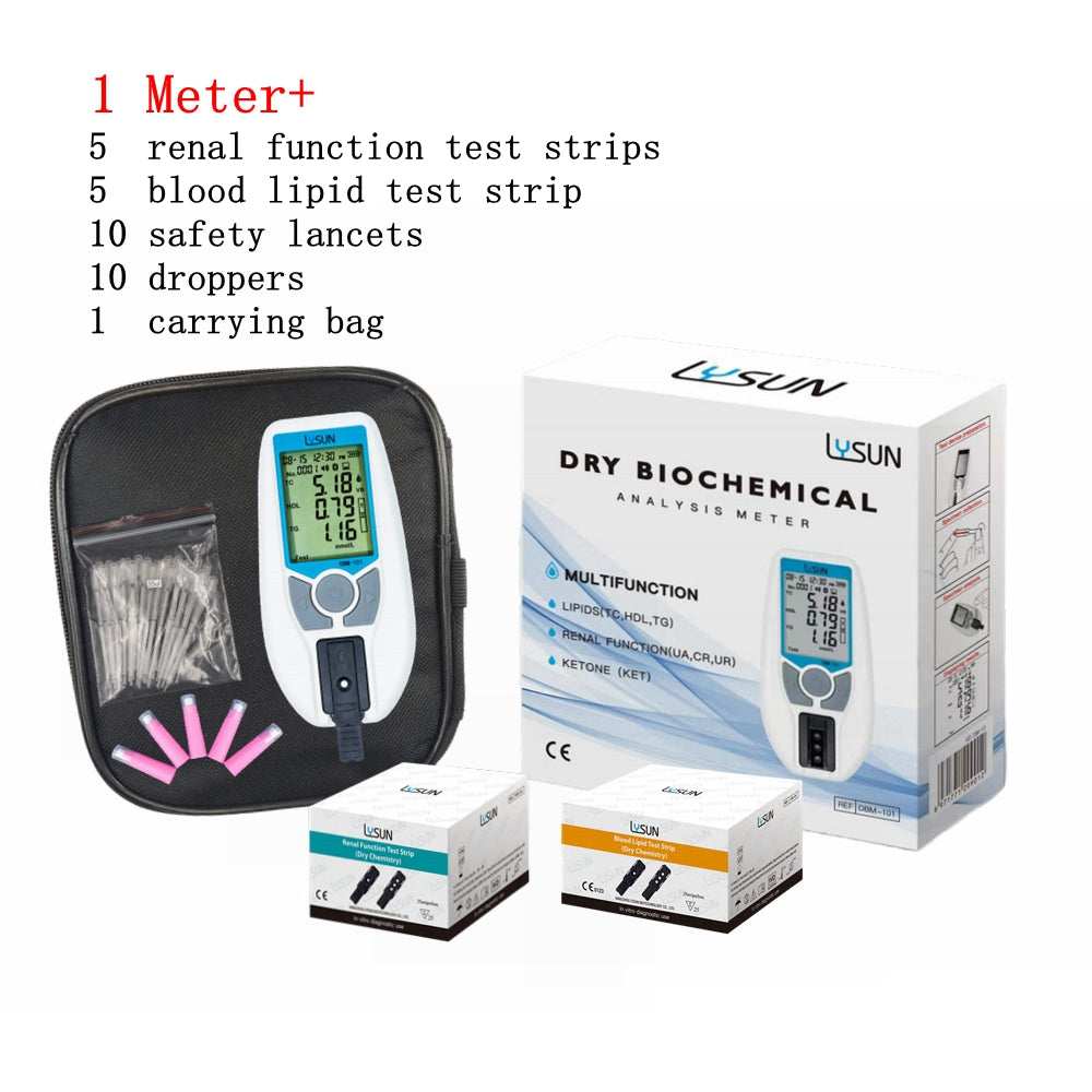 7 IN 1 Dry Biochemical Analyzer Blood Lipid Renal Function Analzer  Total Cholesterol (TC), High Density Lipoprotein Cholesterol (HDL),LDL,  Triglycerides (TG), Uric Acid (UA), Creatinine (CR) and Urea (UR)with free Lancets